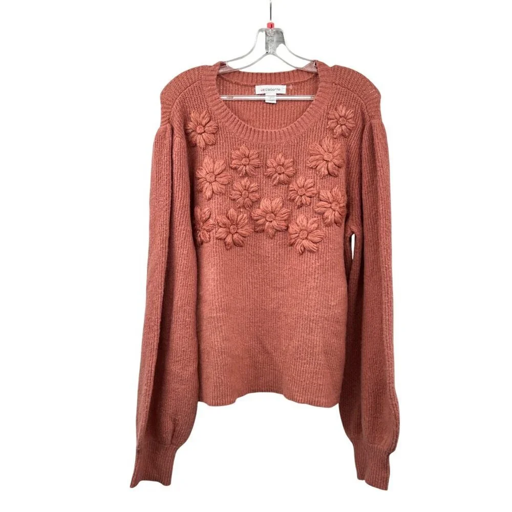 Liz Claiborne Womens Knit Sweater Embroidered Floral Rosewood Size Large